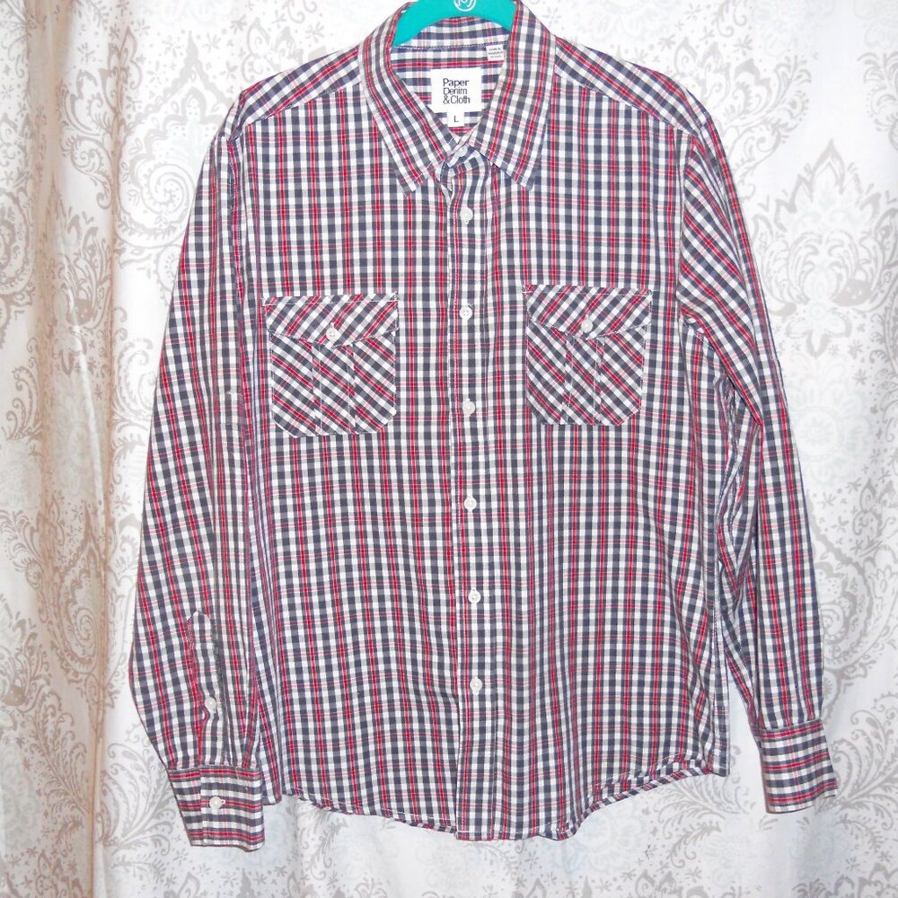 Paper Denim Cloth L Red White Blue Plaid Button Down L/S Shirt